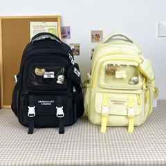 Cute Nylon Backpack with Heart Pouch – Lightweight, Waterproof Bag for Girls (Beige)