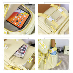 Cute Nylon Backpack with Heart Pouch – Lightweight, Waterproof Bag for Girls (Beige)