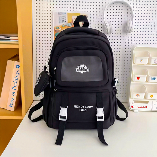 Cute Nylon Backpack with Heart Pouch – Lightweight, Waterproof Bag for Girls (Black)