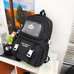 Cute Nylon Backpack with Heart Pouch – Lightweight, Waterproof Bag for Girls (Black)