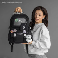 Cute Nylon Backpack with Heart Pouch – Lightweight, Waterproof Bag for Girls (Black)