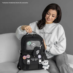 Cute Nylon Backpack with Heart Pouch – Lightweight, Waterproof Bag for Girls (Black)