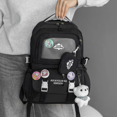 Cute Nylon Backpack with Heart Pouch – Lightweight, Waterproof Bag for Girls (Black)