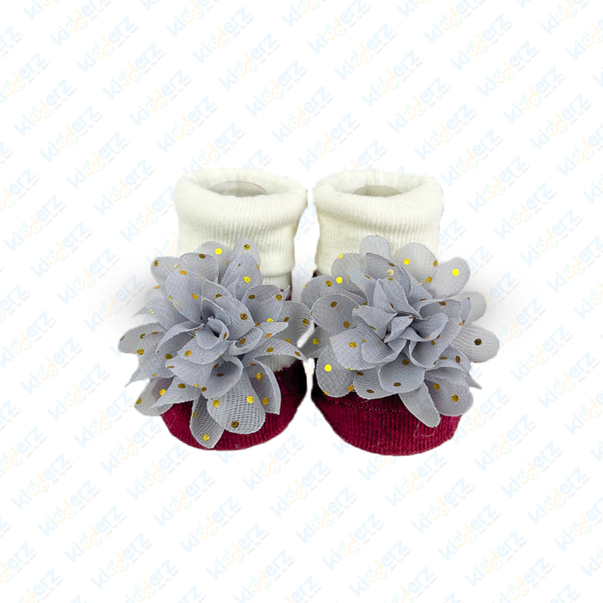 Bebe Favour Premium Knit Hat & Booties Set – Soft Maroon & White Accessories with Floral Accents for Baby Girls