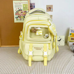 Cute Nylon Backpack with Heart Pouch – Lightweight, Waterproof Bag for Girls (Beige)