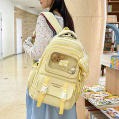 Cute Nylon Backpack with Heart Pouch – Lightweight, Waterproof Bag for Girls (Beige)