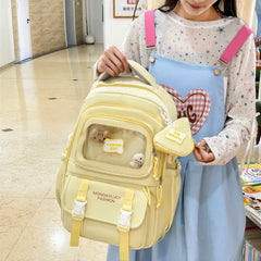 Cute Nylon Backpack with Heart Pouch – Lightweight, Waterproof Bag for Girls (Beige)