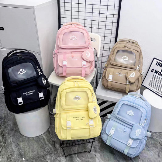 Cute Nylon Backpack with Heart Pouch – Lightweight, Waterproof Bag for Girls (Black)